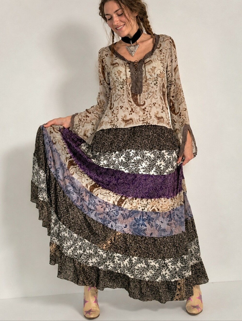 Designer Maxi Dress 100% Silk Shabby Chic Hippie Cottage Boho Upcycled Couture